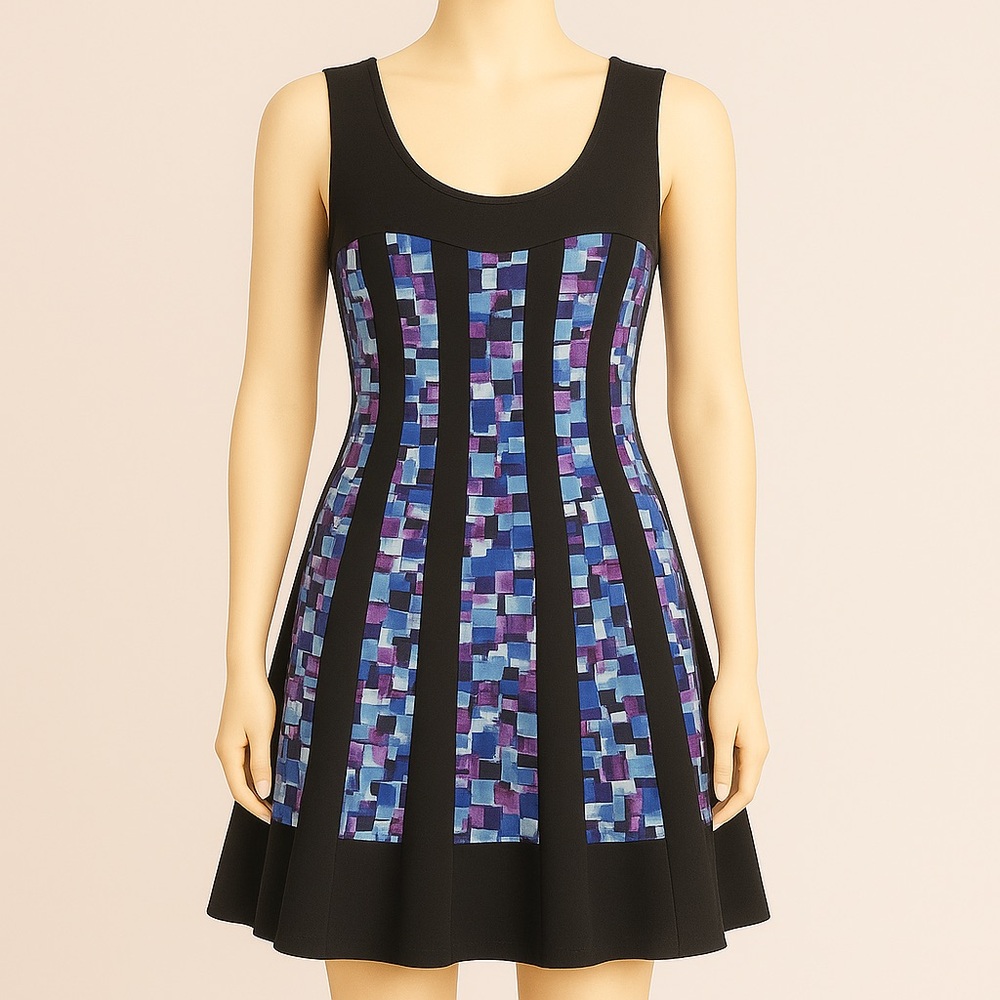 Connected Black Geometric Panel Fit & Flare Dress Scoop Neck Cap Sleeve Size 16